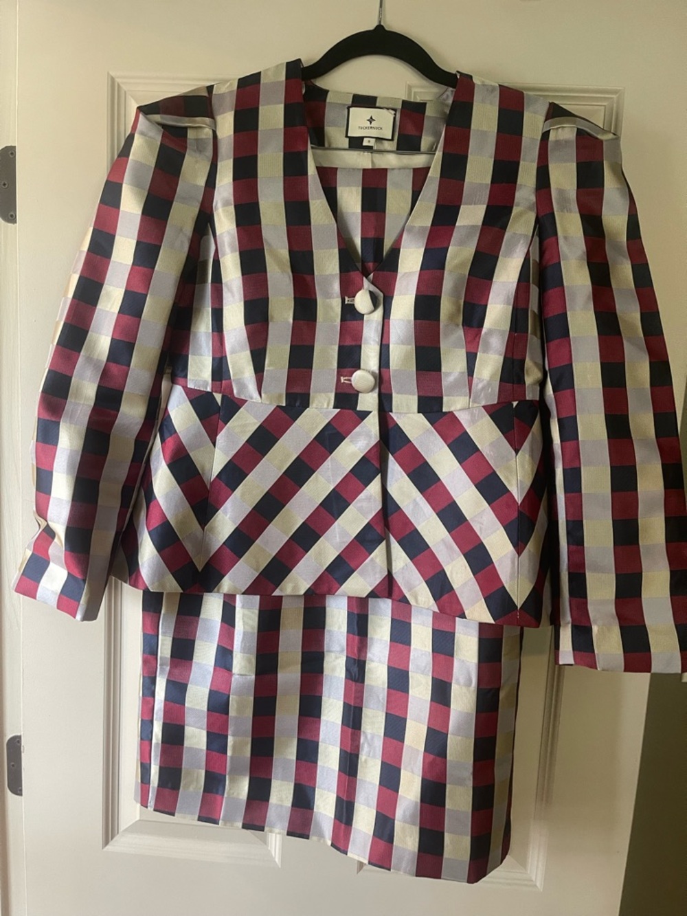 Tuckernuck Bordeaux Check Jacquard Zoey Blazer / Top & Matching Midi Skirt Set - Picture 2 of 2